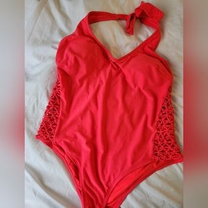 Pink Halter One-piece with Crochet Side Panels - XL